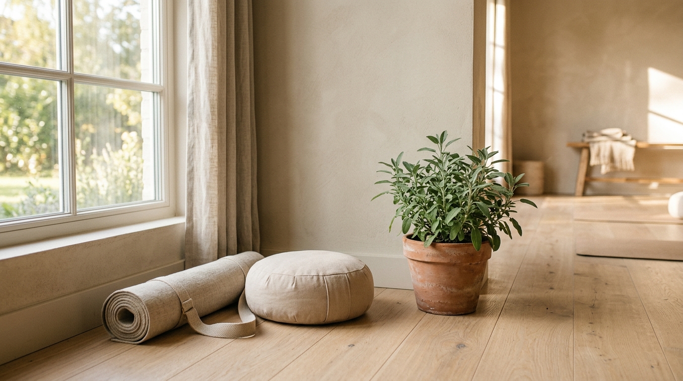 Studio bien-être minimaliste avec tapis de yoga roulé, coussin et plante verte près d'une fenêtre