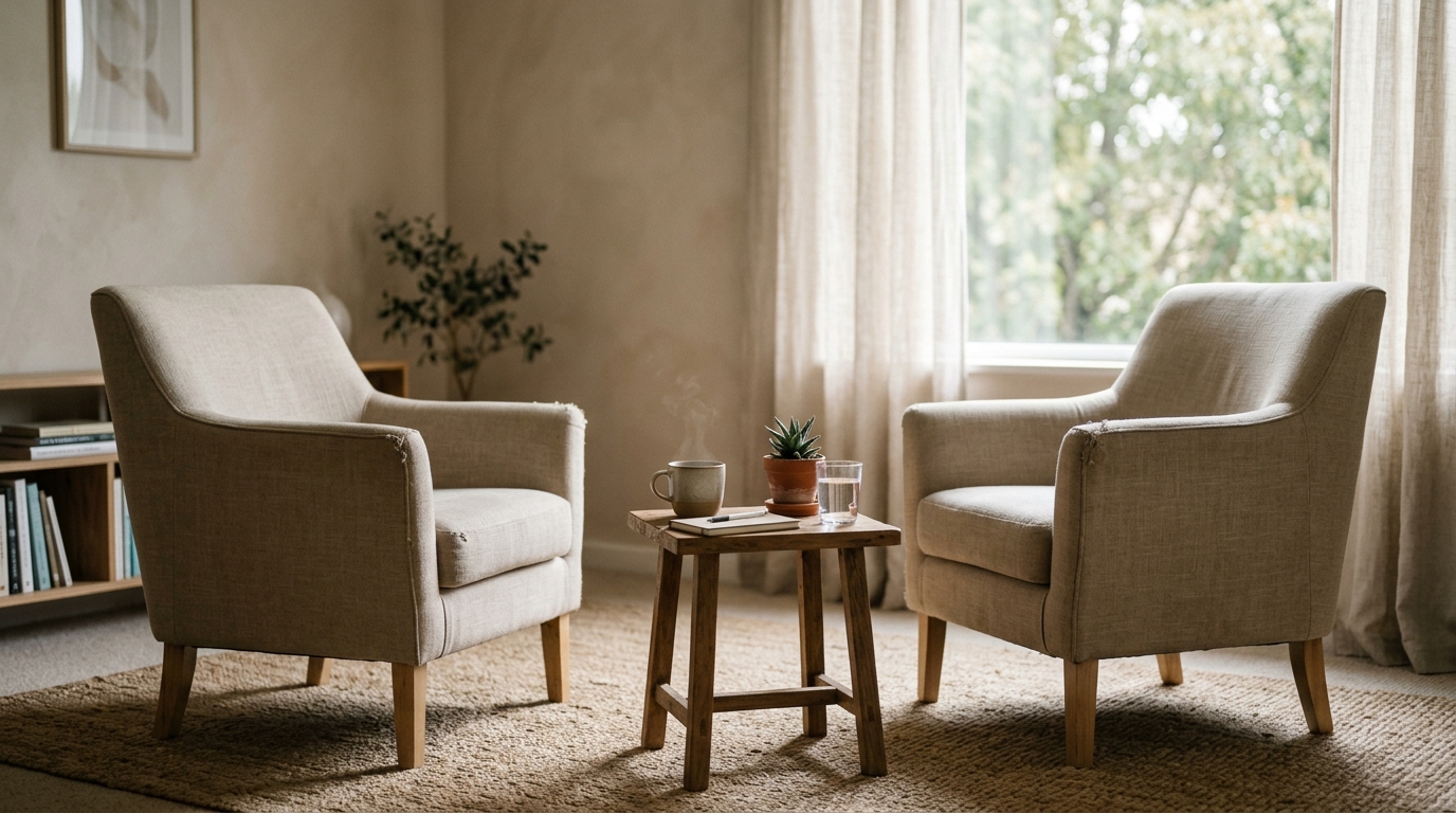 Deux fauteuils vides face à face dans un espace calme, symbole d'écoute et de soutien thérapeutique