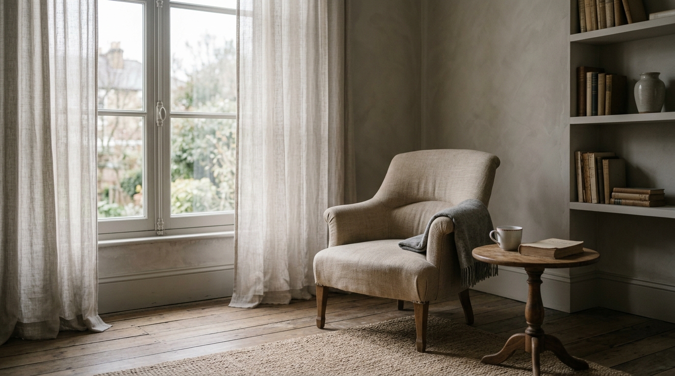 Salon calme et vide avec fauteuil solitaire, lumière douce, évoquant l'isolement du stress post-traumatique