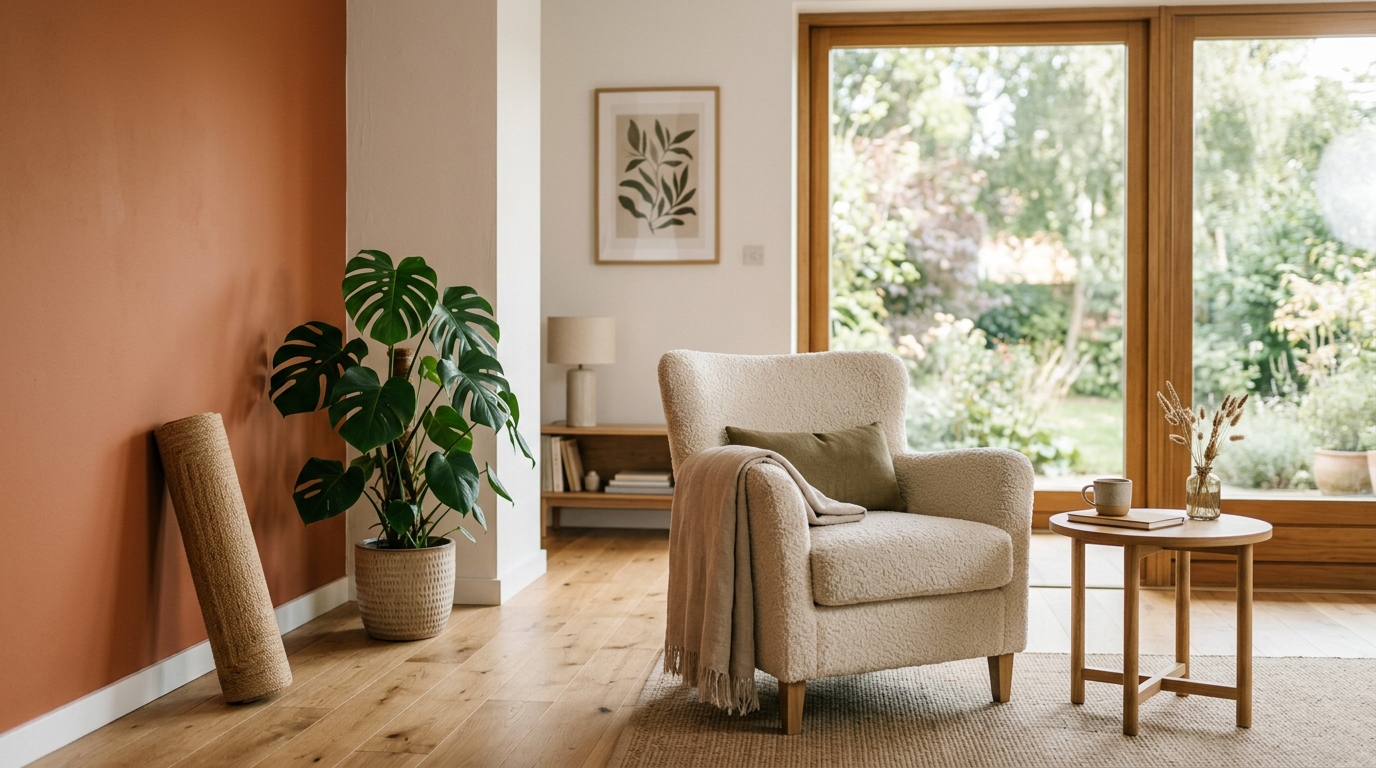 Cabinet de thérapie minimaliste avec tapis de yoga et fauteuil confortable, espace dédié au travail thérapeutique du syndrome du sauveur