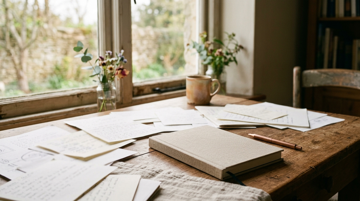Bureau calme avec carnet fermé et papiers flous, lumière naturelle douce, évoquant la concentration et l'organisation autour du TDAH