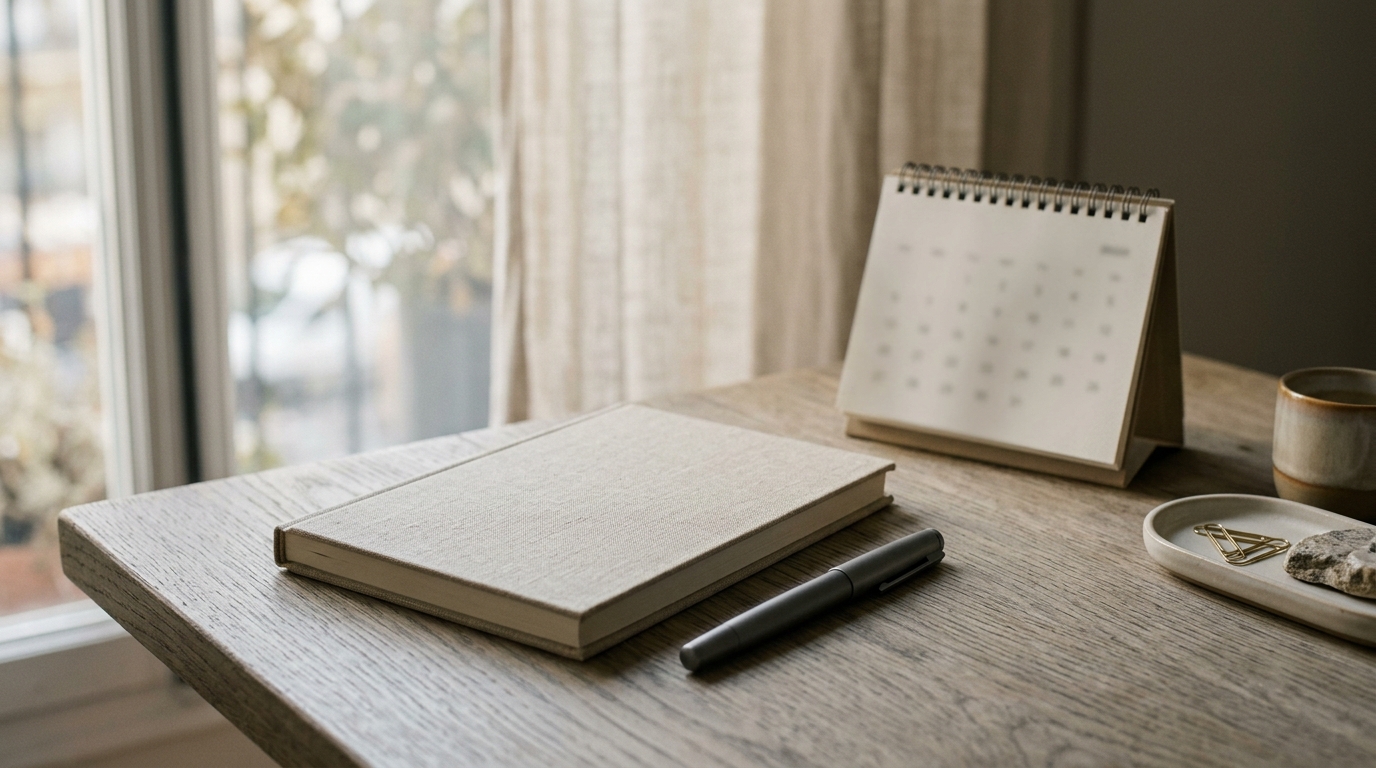 Bureau sobre avec carnet fermé et calendrier flou, lumière naturelle douce, symbolisant l'évaluation clinique et la durée de la phobie